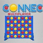 Ett blått spelbräde med röda och gula marker i ett rutnät med texten MULTIPLAYER överst