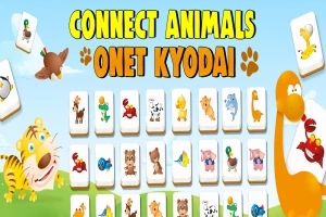 Illustration av ett spel med tecknade djur på kort, ljusblå bakgrund och rubrik i stora bokstäver