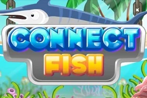 Texten CONNECT FISH i blå och orange mot en bakgrund med en svärdfisk och undervattensmiljö