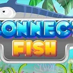 Texten CONNECT FISH i blå och orange mot en bakgrund med en svärdfisk och undervattensmiljö