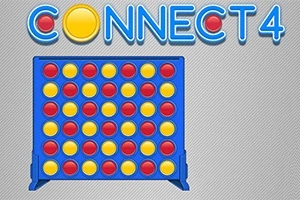 Blått spelbräde med röda och gula marker i ett rutnät och texten CONNECT 4 ovanför