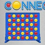 Blått spelbräde med röda och gula marker i ett rutnät och texten CONNECT 4 ovanför