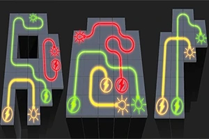 Connect It Elektriska ledningar i grönt, rött och gult som gÄr genom ett labyrintmönster pÄ en mörk bakgrund