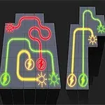 Connect It Elektriska ledningar i grönt, rött och gult som gÄr genom ett labyrintmönster pÄ en mörk bakgrund
