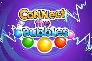 Färgglad logotyp med texten Connect the Bubbles, glänsande bubblor och elektriska zickzacklinjer mot en lila spiralbakgrund
