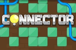 Texten Connector står i centrum med en glödlampa istället för bokstaven O, omgiven av gröna rutor och blå rör på en brun bakgrund