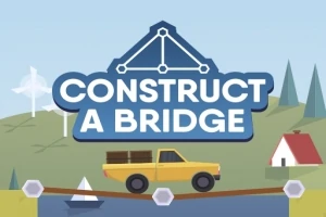 Gul lastbil på bro med hus i bakgrunden och text CONSTRUCT A BRIDGE