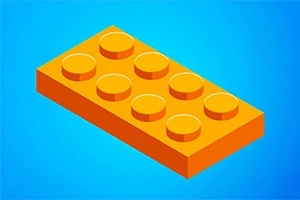 Orange Lego-liknande kloss mot en blå bakgrund