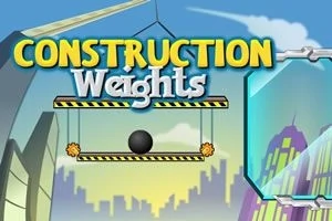 Texten Construction Weights i gul och vit med en bakgrund av en byggplats och skyskrapor, samt en svart vikt på en plattform