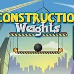 Texten Construction Weights i gul och vit med en bakgrund av en byggplats och skyskrapor, samt en svart vikt på en plattform
