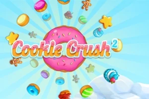 Färgglad grafik med olika kakor och en stor rosa munk i mitten med texten Cookie Crush 2