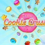 Färgglad grafik med olika kakor och en stor rosa munk i mitten med texten Cookie Crush 2