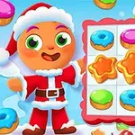 En tecknad figur klädd i jultomtedräkt står bredvid ett rutnät med färgglada donuts och stjärnformade kakor