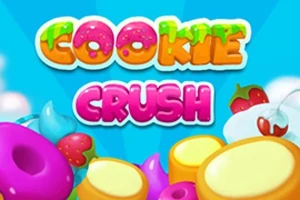 Färgglada texten Cookie Crush mot en blå bakgrund med olika godisar som munkar, kakor, och jordgubbar