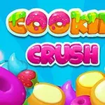 Färgglada texten Cookie Crush mot en blå bakgrund med olika godisar som munkar, kakor, och jordgubbar