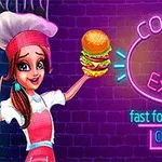 Kvinna i kockkläder håller en hamburgare bredvid en neontext med mattema