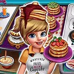 En tecknad figur med blont hår bär en hög med pannkakor toppade med jordgubbar och grädde, omgiven av en spis med en stekpanna och bacon samt andra dessertingredienser
