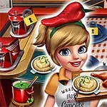 En tecknad figur med blont hår håller en tallrik med kyckling och puré i ett kök fullt av matlagningsutrustning och ingredienser