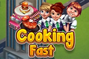 Tre animerade karaktärer i uniform står bredvid en rosa matbil med stora färgglada bokstäver Cooking Fast framför