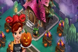 Kvinna i röd hatt håller en jack-o-lantern framför ett hus med rosa tak och halloween-tema