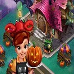 Kvinna i röd hatt håller en jack-o-lantern framför ett hus med rosa tak och halloween-tema