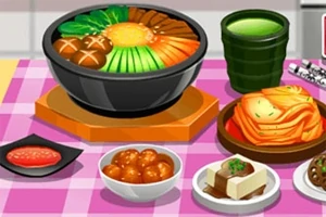 En dukning med olika asiatiska maträtter, inklusive en skål med grönsaker och svamp, kimchi, och en kopp te på en rosa-rutig duk