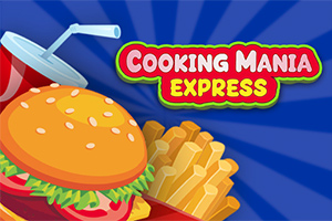 En illustration med en läsk, hamburgare och pommes frites mot en blå bakgrund med texten Cooking Mania Express