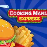 En illustration med en läsk, hamburgare och pommes frites mot en blå bakgrund med texten Cooking Mania Express