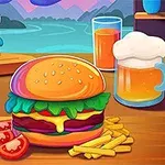 Hamburgare med sallad, tomater och ost, serverade med pommes frites, en skål sås, ett glas juice och en ölsejdel, med en sjöutsikt i bakgrunden