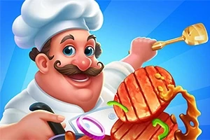 En tecknad kock i vit kockmössa håller en stekspade och uppskiva kött med en kniv, omgiven av färgglada ingredienser på en blå bakgrund