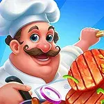 En tecknad kock i vit kockmössa håller en stekspade och uppskiva kött med en kniv, omgiven av färgglada ingredienser på en blå bakgrund