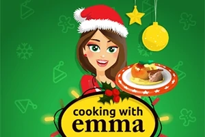 Tecknad kvinna med jultomtemössa håller en tallrik med mat mot en grön bakgrund med juldekorationer och text cooking with emma