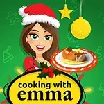 Tecknad kvinna med jultomtemössa håller en tallrik med mat mot en grön bakgrund med juldekorationer och text cooking with emma