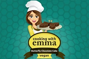 Kvinna i kockmössa håller en tallrik med chokladkakor framför en text med titeln cooking with emma