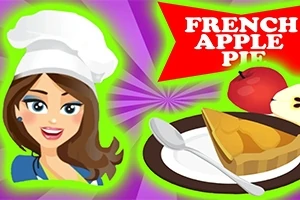 En tecknad kvinna med kockhatt, en tallrik med äppelpaj, en sked och texten French Apple Pie mot en färgglad bakgrund