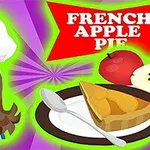 En tecknad kvinna med kockhatt, en tallrik med äppelpaj, en sked och texten French Apple Pie mot en färgglad bakgrund