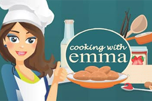 Tecknad kvinna i kockmössa ger tummen upp bredvid en tallrik kakor, med texten cooking with emma