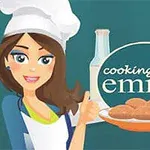 Tecknad kvinna i kockmössa ger tummen upp bredvid en tallrik kakor, med texten cooking with emma