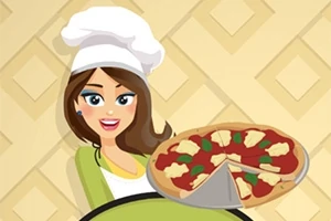 En kvinna klädd som en kock håller en pizza med tomat, ost och basilikablad