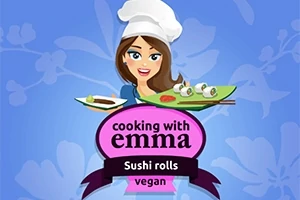 Kvinna i kockmössa håller tallrikar med sushi och texten cooking with emma sushi rolls vegan på en blå bakgrund med blommönster