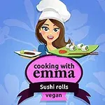 Kvinna i kockmössa håller tallrikar med sushi och texten cooking with emma sushi rolls vegan på en blå bakgrund med blommönster