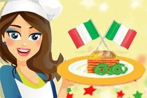 En tecknad kvinna i kockmössa håller en tallrik med lasagne och två italienska flaggor i bakgrunden