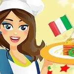 En tecknad kvinna i kockmössa håller en tallrik med lasagne och två italienska flaggor i bakgrunden