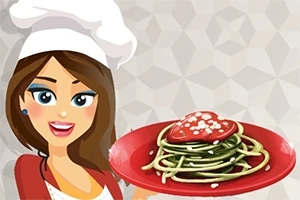 Tecknad kvinna i kockmössa som håller en tallrik med spaghetti och tomatsås formad som ett hjärta