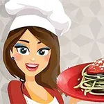 Tecknad kvinna i kockmössa som håller en tallrik med spaghetti och tomatsås formad som ett hjärta