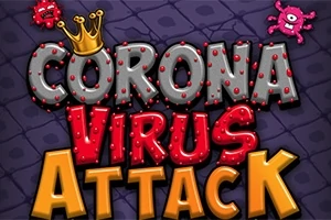 Texten Corona Virus Attack i färgglada, lekfulla bokstäver på en mörk bakgrund med tecknade virusfigurer och en krona
