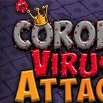 Texten Corona Virus Attack i färgglada, lekfulla bokstäver på en mörk bakgrund med tecknade virusfigurer och en krona