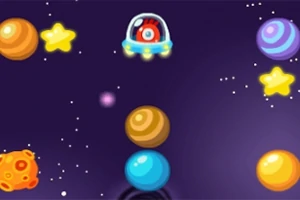 Rymdtema med färgglada planeter, stjärnor och en liten tecknad UFO i ett mörkt universum
