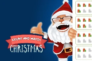 Tomte med glasögon och röd dräkt ger tummen upp bredvid texten Count and Match Christmas och en rad julklappsikoner