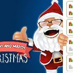 Tomte med glasögon och röd dräkt ger tummen upp bredvid texten Count and Match Christmas och en rad julklappsikoner